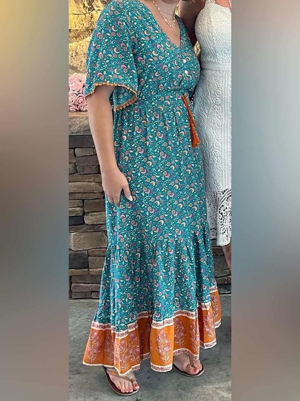 Teal Floral Maxi Boho Dress with Rust Border and Pink Floral Size Large